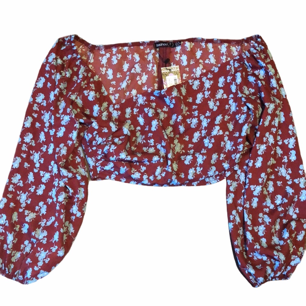 Boohoo off shoulder floral crop top.